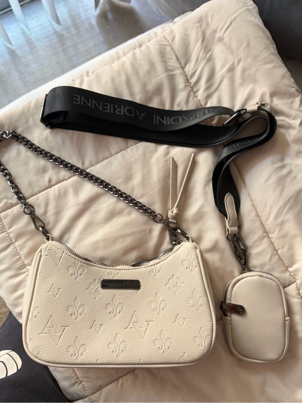 Adrienne Vittadini Cream Embossed Leather Shoulder Bag Set